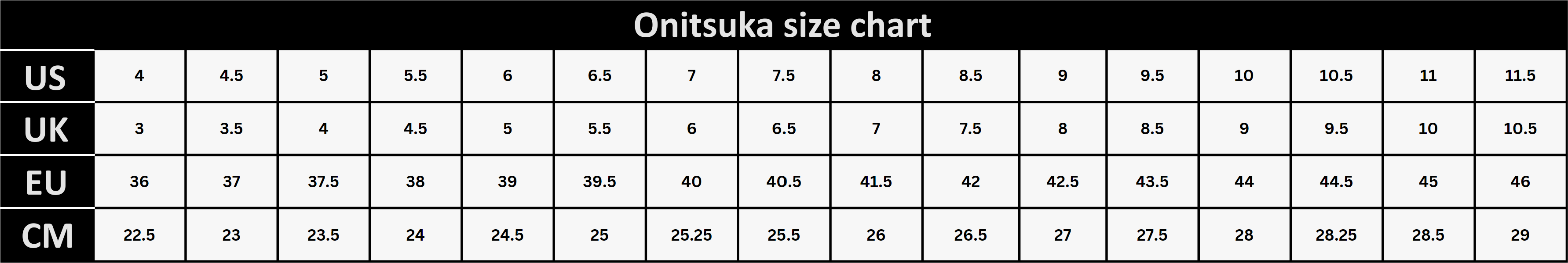 Onitsuka size chart